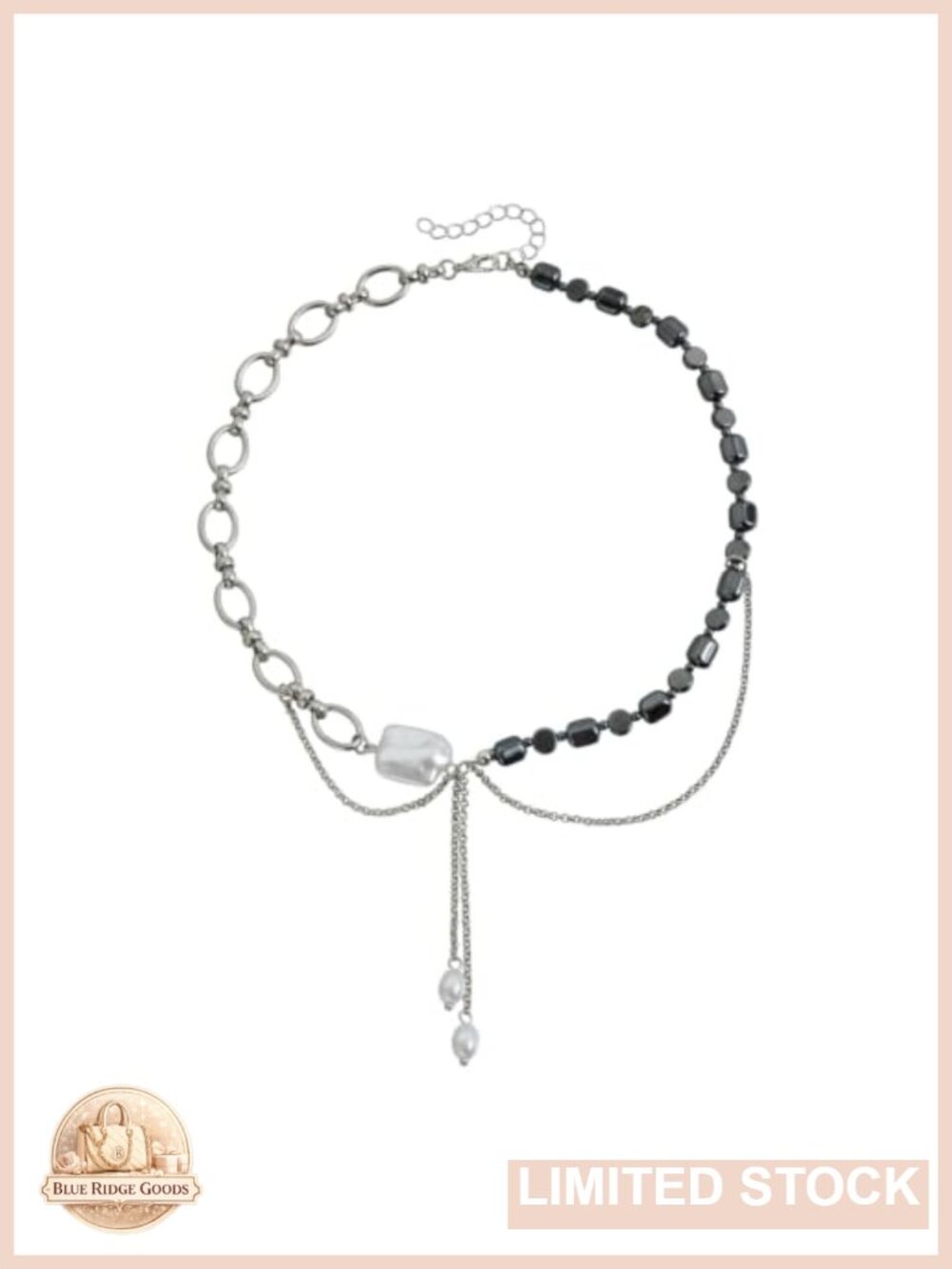 Hematite Bead Baroque Pearl Chain Tassel Asymmetrical Choker Necklace
